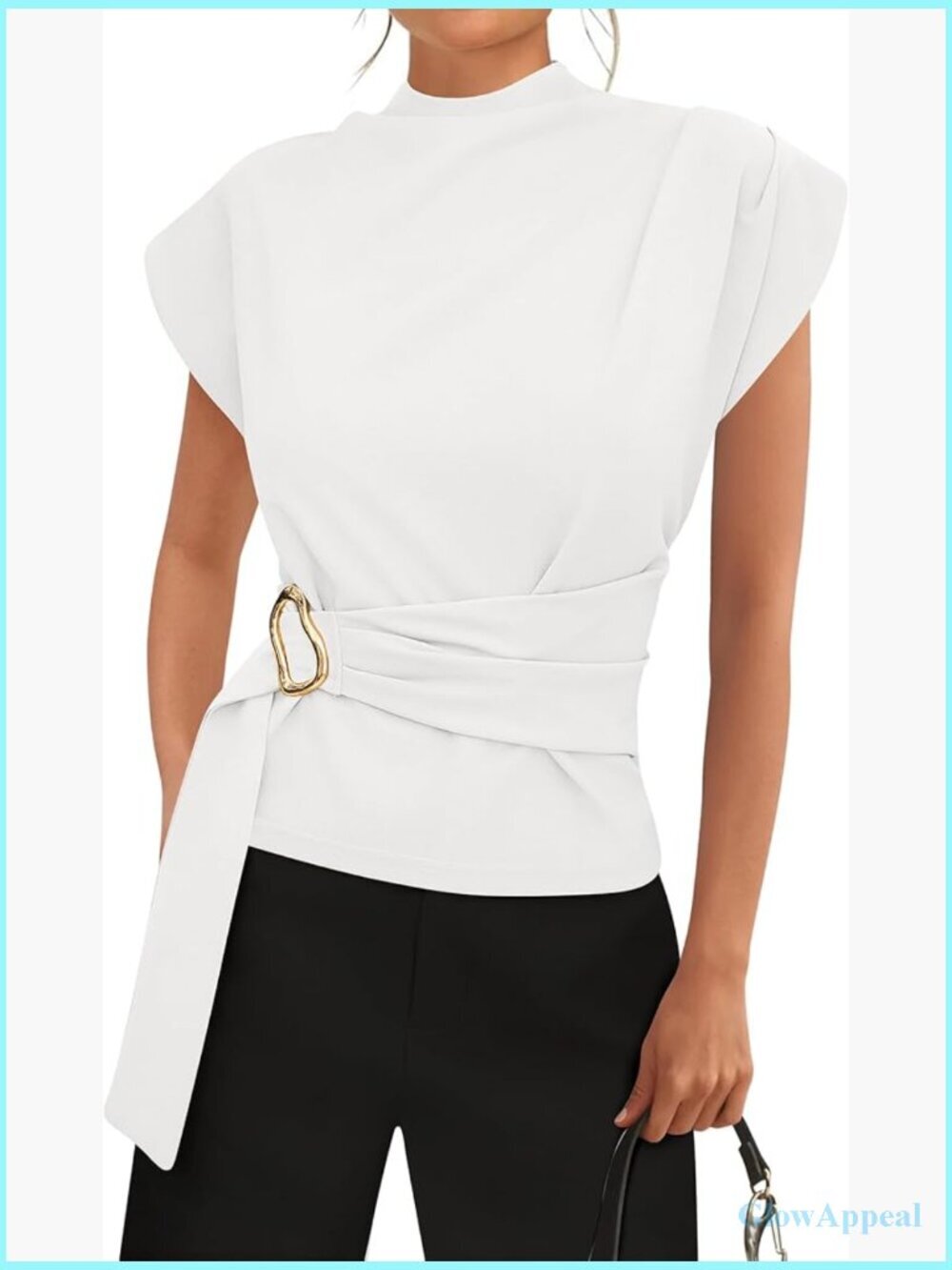 Mock Neck Cap Sleeve Blouse Gold Buckle Front Tunic Top Work Business Casual